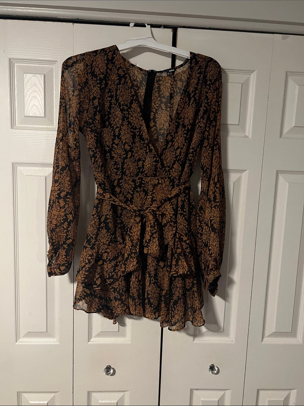 Fashion Nova Black and Brown Floral Wrap Mini Dress